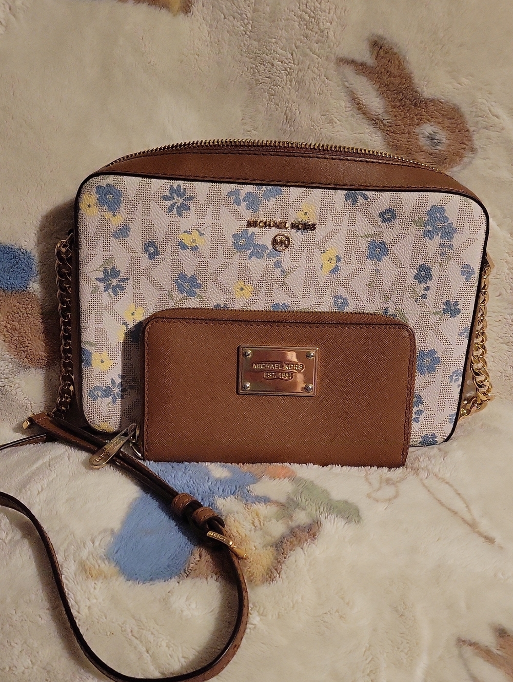 Michael Kors Brown Leather-Trim Floral Crossbody with Gold Hardware